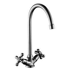 Смеситель для кухни с поворотным изливом, двуручковый, высота излива 22 см, длина 20 см, латунь/хром