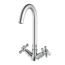 Смеситель для кухни с  поворотным изливом, двуручковый, высота излива 23 см, длина 16 см, латунь/хро