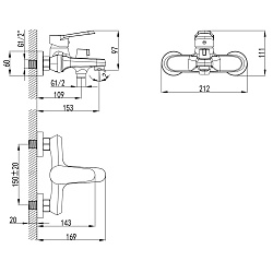 Cмеситель для ванны с коротким монолитным изливом, хром