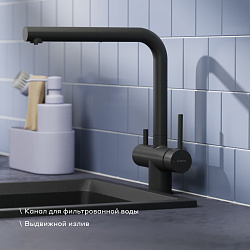 Смеситель для кухни с подключением к фильтру и выдвижным изливом Pragma Esdel, матовый черный, ESD7.