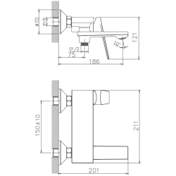 Смеситель для ванны, короткий излив, латунь, оружейная сталь HB60533-3