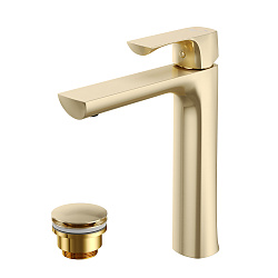 URSUS Смеситель для раковины, высокий, монолитный, с дон.клапаном, латунь/браш.светлое золото