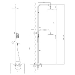 Душевая система с верхним душем 25,5х19 см и поворотным изливом, регулируемая высота 1,1~1,7м,  шири