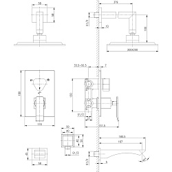 Встраиваемый смеситель с верхним душем 20х20 см, каскадный излив 18 см, латунь/хром/белый