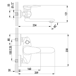Смеситель для ванны с поворотным изливом 17 см, боковой поворотный переключатель, латунь/хром