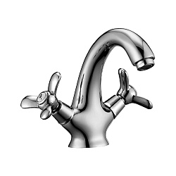 Смеситель для раковины, монолитный, двуручковый, высота излива 11 см, длина 14 см, латунь/хром