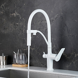 BRONX Смеситель для кухни с гибким изливом, с подкл.к фильтру пит.воды, 2 режима, латунь/белый матов