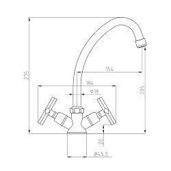 Смеситель для кухни с  поворотным изливом, двуручковый, высота излива 21 см, длина 15 см, латунь/хро