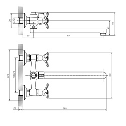 Смеситель универсальный с плоским изливом 35 см, двуручковый, поворотный переключатель, латунь/хром