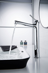 Смеситель для раковины, высокий, монолитный, высота излива 26 см, длина 17 см, латунь/хром