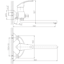 Смеситель для ванны, длинный излив, латунь, хром HB2221