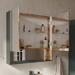 Шкаф зеркальный Gleam 80.2D, зеленый камень/дуб вотан