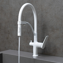 BRONX Смеситель для кухни с гибким изливом, с подкл.к фильтру пит.воды, 2 режима, латунь/белый матов