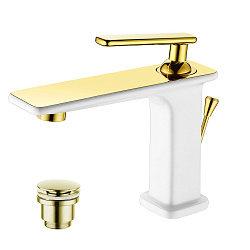 Смеситель для раковины, монолитный, высота излива 11 см, длина 13 см, с донным клапаном, белый/золот