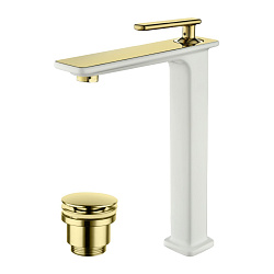 Смеситель для раковины, высокий, монолитный, высота излива 24,5 см, длина 16 см, с донным клапаном,