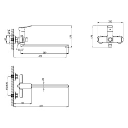 Смеситель универсальный для ванны с поворотным изливом 380 мм, хром