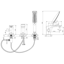 Встраиваемый смеситель на борт ванны на 3 отверстия, высота излива 8 см, длина 13 см, поворотный пер