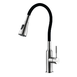 Смеситель для кухни с гибким изливом, 2-х режимный аэратор, нерж. сталь/чёрный