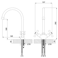 Смеситель для кухни с поворотным изливом, двуручковый, высота излива 22 см, длина 20 см, латунь/хром