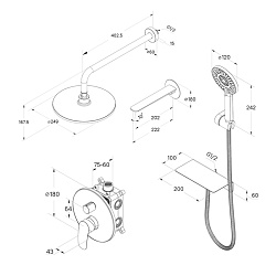 Душевая система скрытого монтажа с тропическим душем, ручным душем и изливом, черный матовый, Rora,