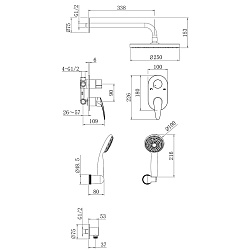 LINARA Встраиваемый смеситель с верхним душем Ø25 см, лейка для душа Ø100 мм, латунь/хром