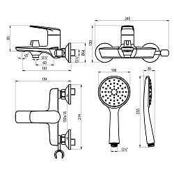 VERBA Смеситель для ванны с коротким изливом, поворотный переключатель, латунь/хром, LM11414C