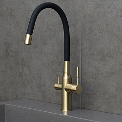 EXPERT Смеситель для кухни с гибким изливом с подкл.к фильтру пит.воды, нерж. сталь / светлое золото