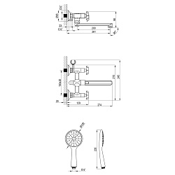 Смеситель для ванны с плоским изливом 20 см, двуручковый, поворотный переключатель, латунь/хром