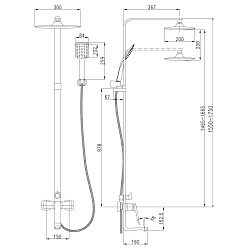 Душевая система с верхним душем 30х20 см и поворотным изливом 16 см, регулируемая высота 1,5~1,7м, л