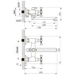 BENEFIT Смеситель для ванны с плоским изливом 20см, двуручк, поворот переключатель, латунь/хром