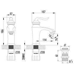 Смеситель для раковины, монолитный, высота излива 8 см, длина 11 см, с донным клапаном клик-клак, ла