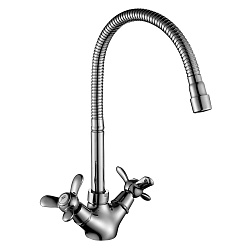 Смеситель для кухни с гибким поворотным изливом, двуручковый, высота излива 24,5 см, длина 20,5 см,