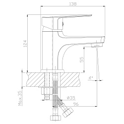 Смеситель для раковины с гигиеническим душем, монолитный, высота излива 5,5 см, длина 10 см, латунь/