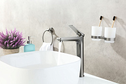 Смеситель для раковины, высокий, монолитный, высота излива 23 см, длина 17 см, с донным клапаном кли