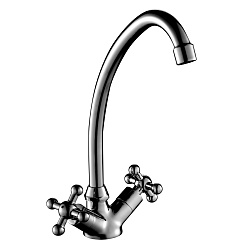 Смеситель для раковины с поворотным изливом,  двуручковый, высота излива 14,5 см, длина 12 см, латун