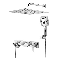 Встраиваемый смеситель с верхним душем 40х40 см, лейка для душа 3 режима, каскадный излив 15 см, лат