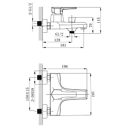 Смеситель для ванны с коротким изливом, поворотный переключатель, 3-х реж.лейка, латунь/хром,RS44-30